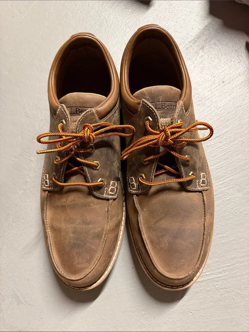 L.L. Bean Men’s Tan Brown Leather Boat Shoes with Orange Laces